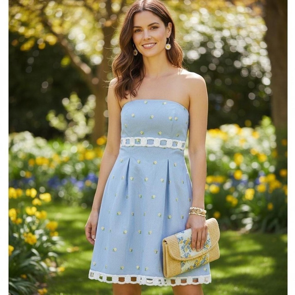 Lilly Pulitzer "Betsey" Seersucker Embroidered Lemon Strapless Dress